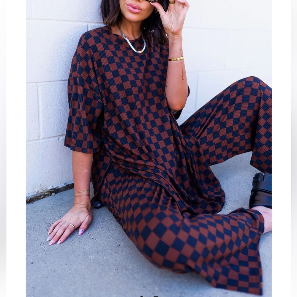 Dressed in LALA Brown and Black Checkered Wide-Leg Pants Set - Picture 2 of 13